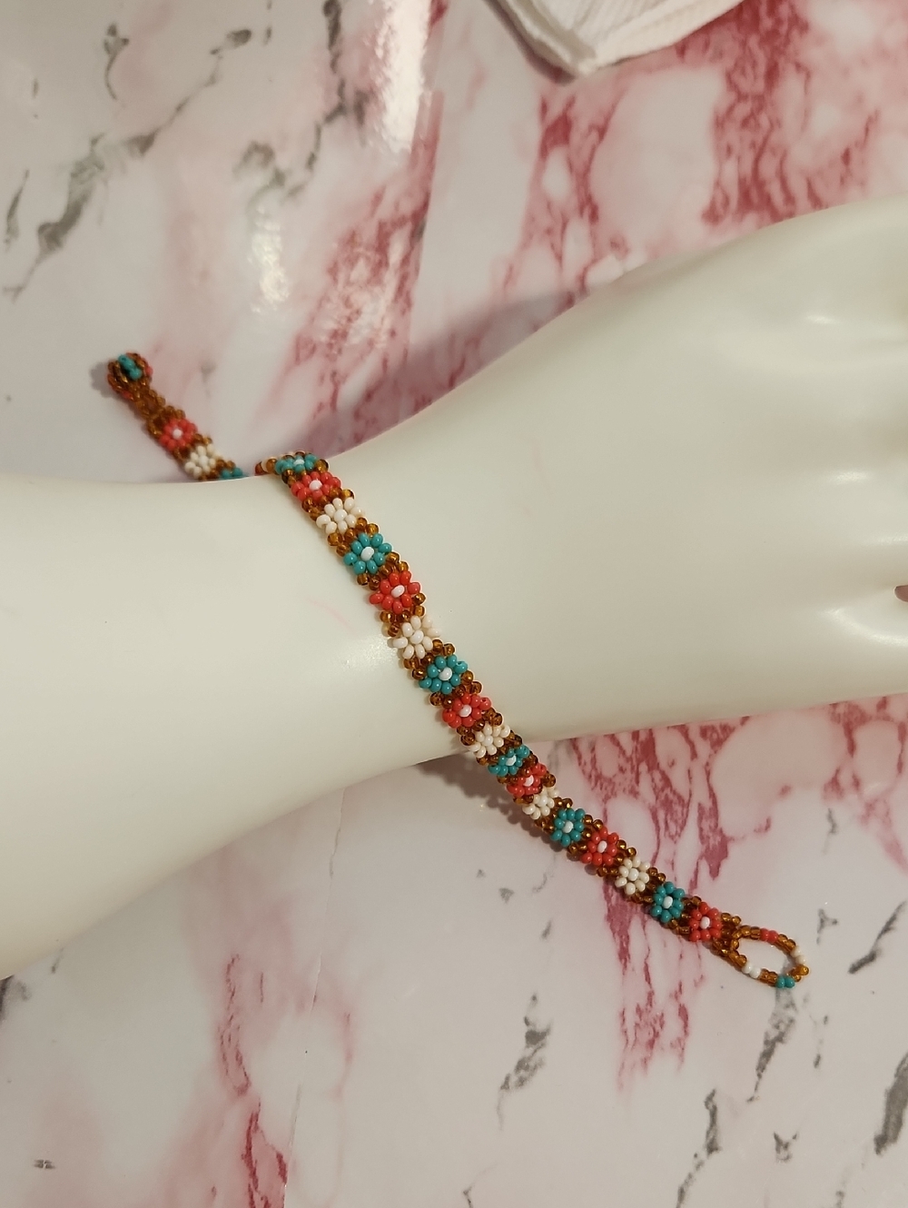 Handcrafted Floral Seed Bead Bracelet in Turquoise, Coral & White - Unbranded